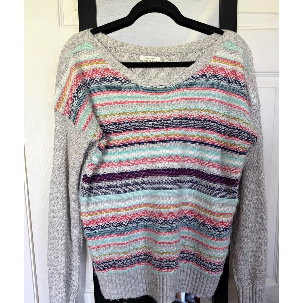 Maurices Womens Multi Color Striped Fair Isle Knit Sweater Gray Large H0718